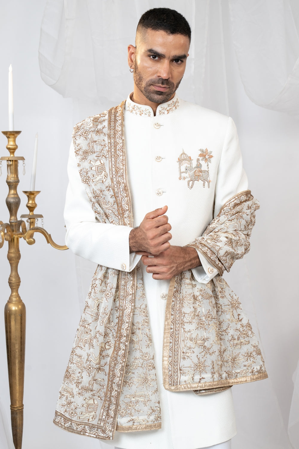 Off-White Matka Silk Sherwani with Zardosi and Resham Embroidery