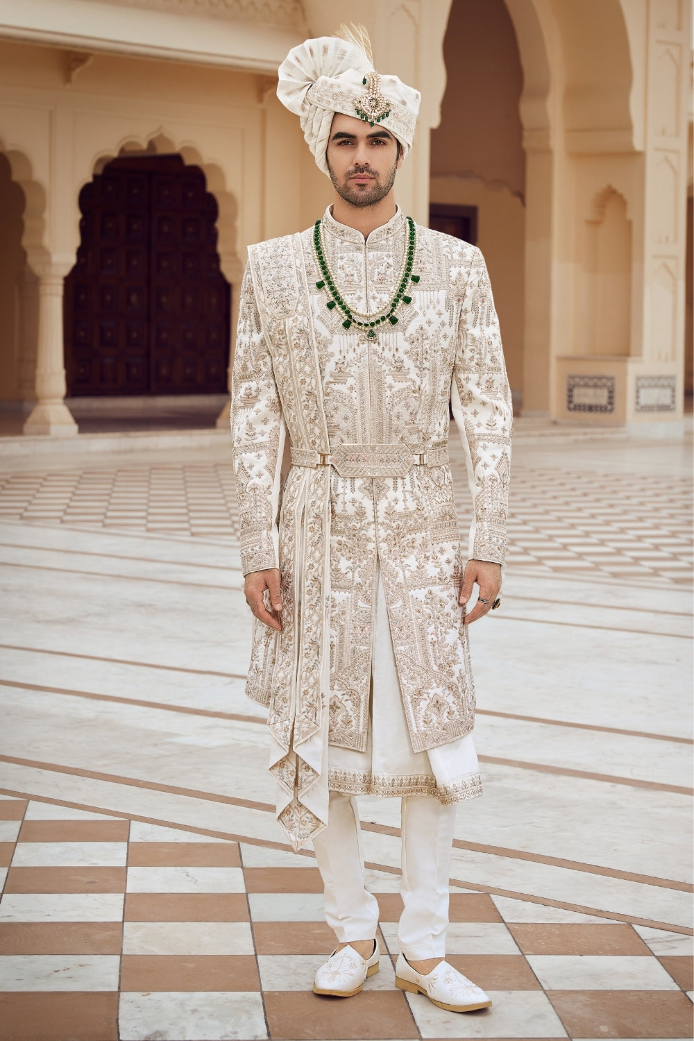 Off-White Silk Sherwani with Sequins and Cutdana Embroidery