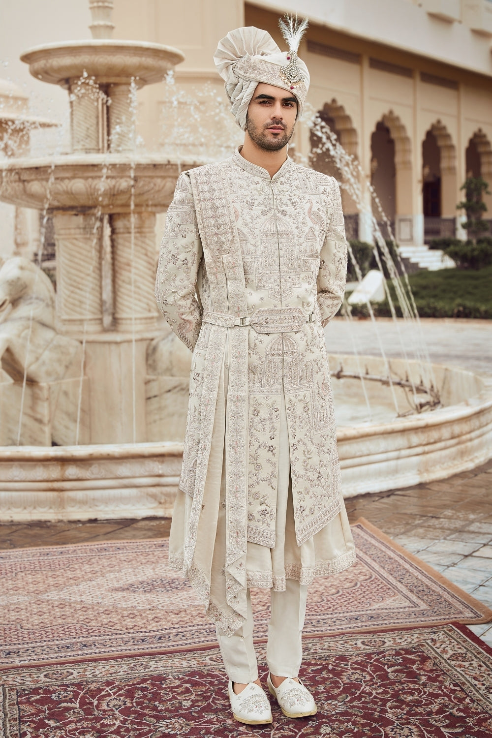 Off-White Silk Sherwani with Stone and Sequins Work
