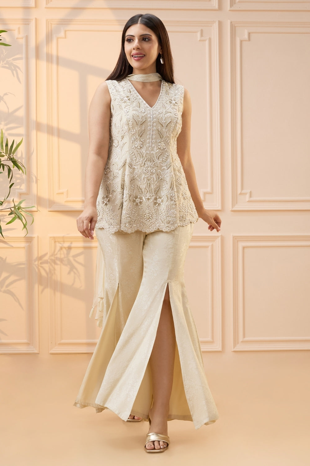 Off White Banarasi Silk indo western with Cutdana and Moti Work