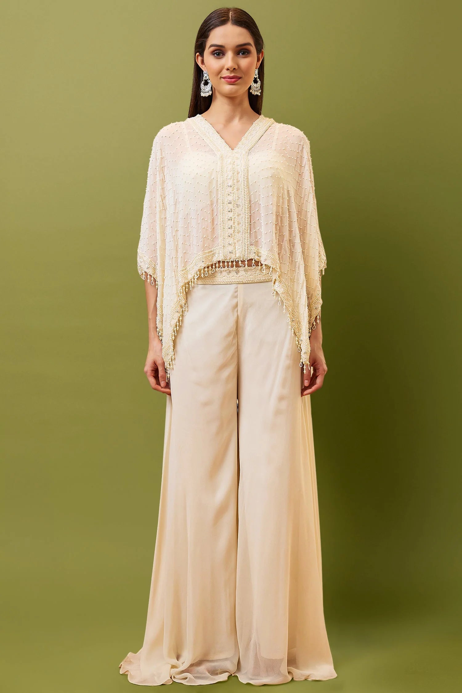 Off White Georgette Beaded Cape Top Palazzo Set