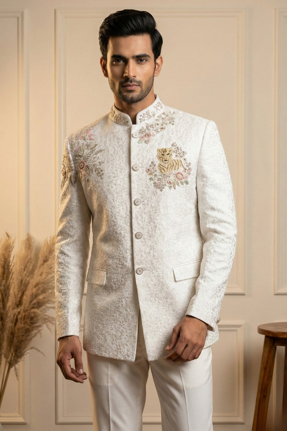 Off White Imported Jodhpuri Set with Zardosi and Moti Work