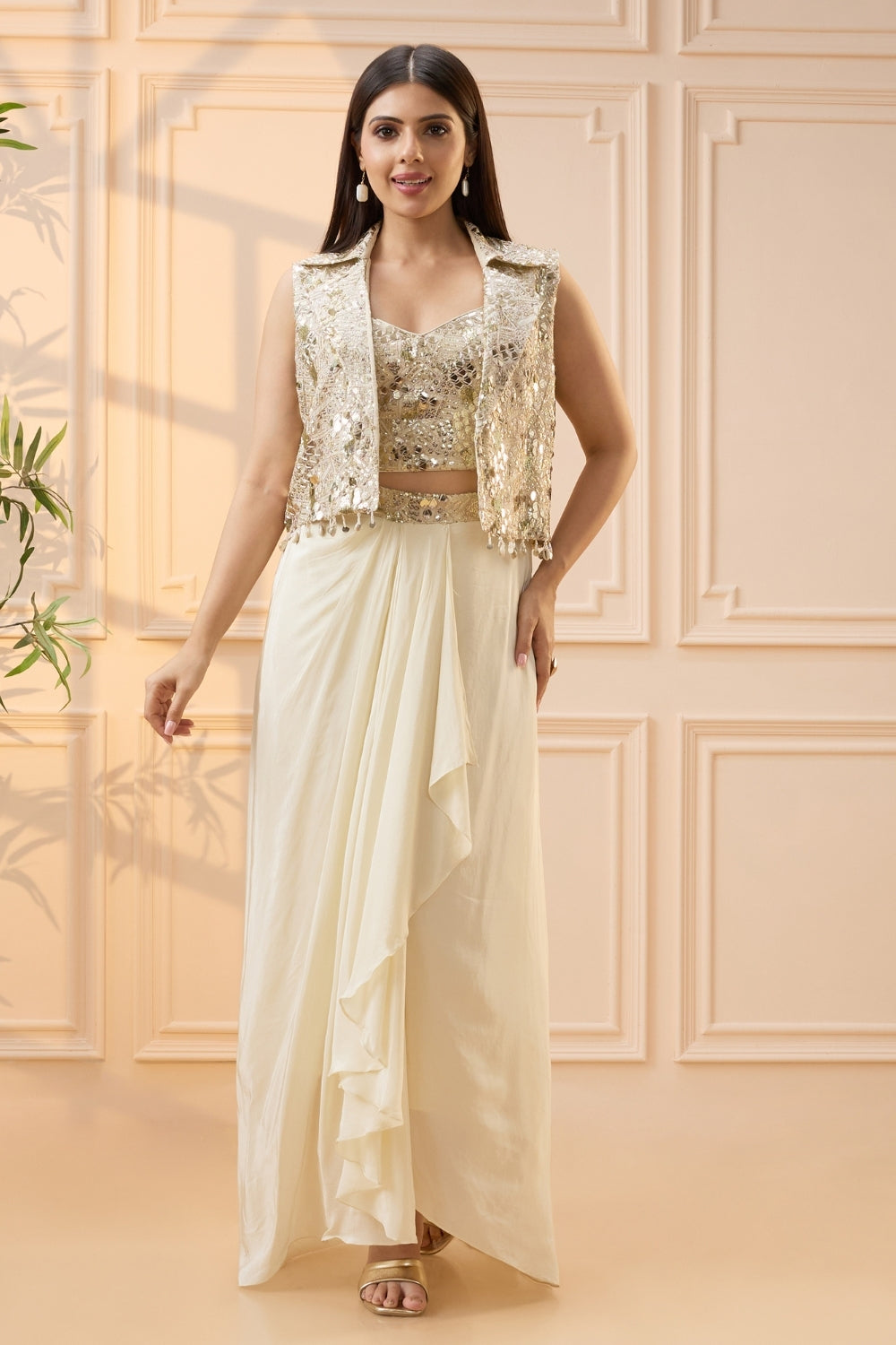 Off White Indo Western with Sequins Work
