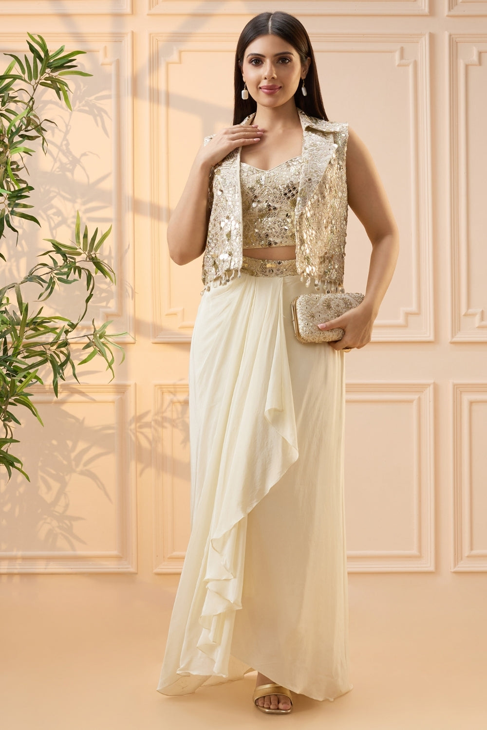 Off White Indo Western with Sequins Work