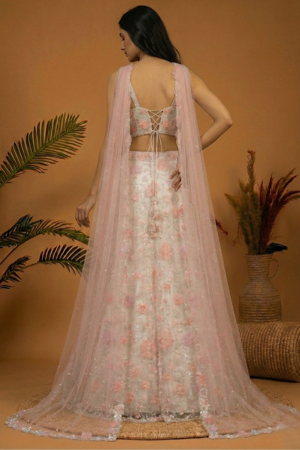 Off White Net Lehenga Set with Cutdana and Moti Work