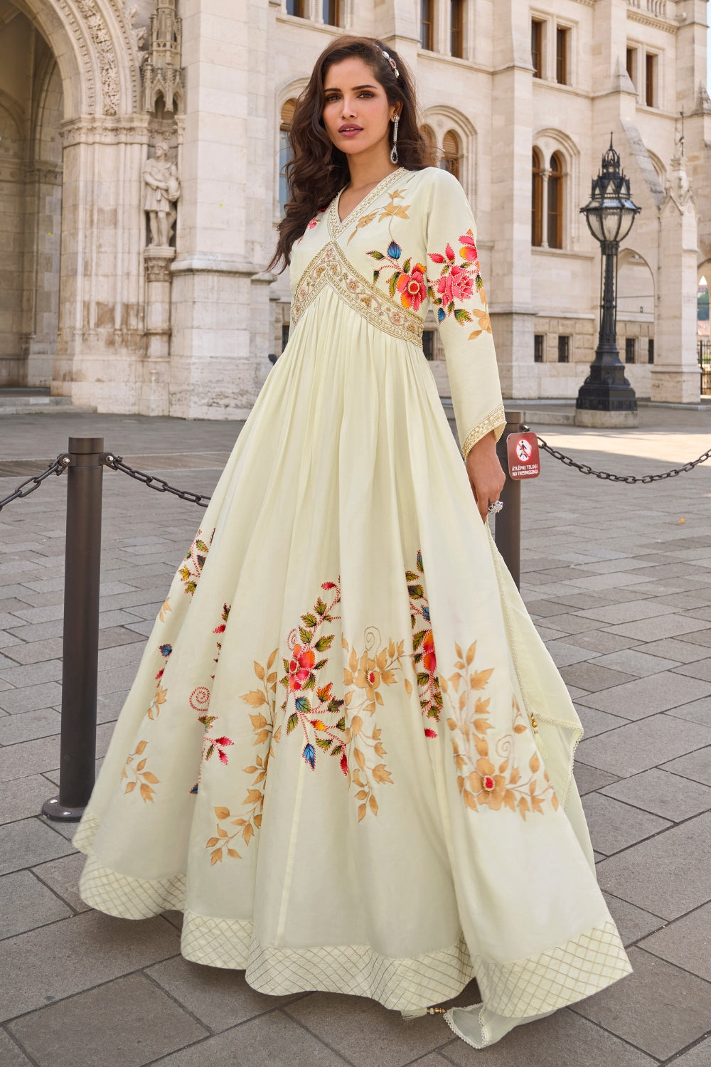 Off White Silk Anarkali Set with Mirror and Embroidery Work