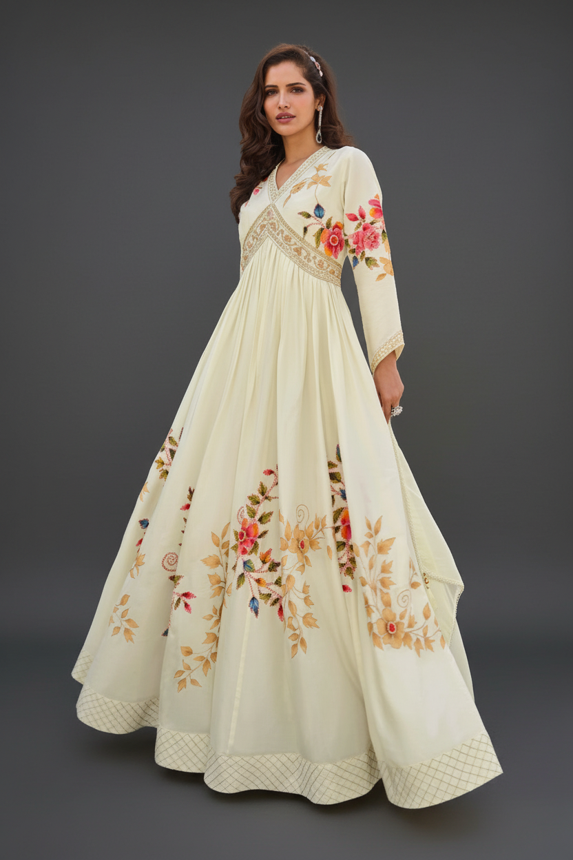 Off White Silk Anarkali Set with Mirror and Embroidery Work