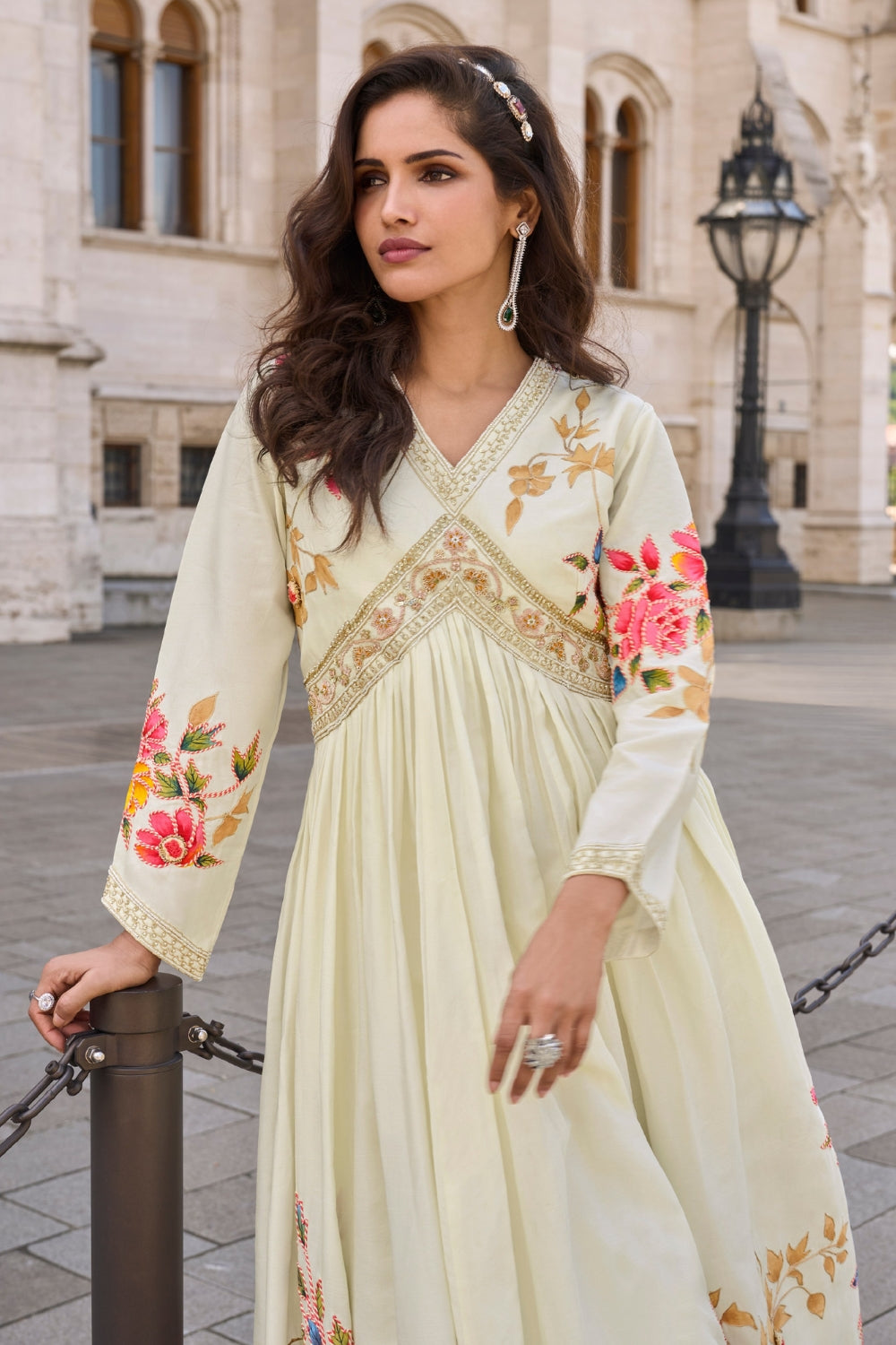 Off White Silk Anarkali Set with Mirror and Embroidery Work