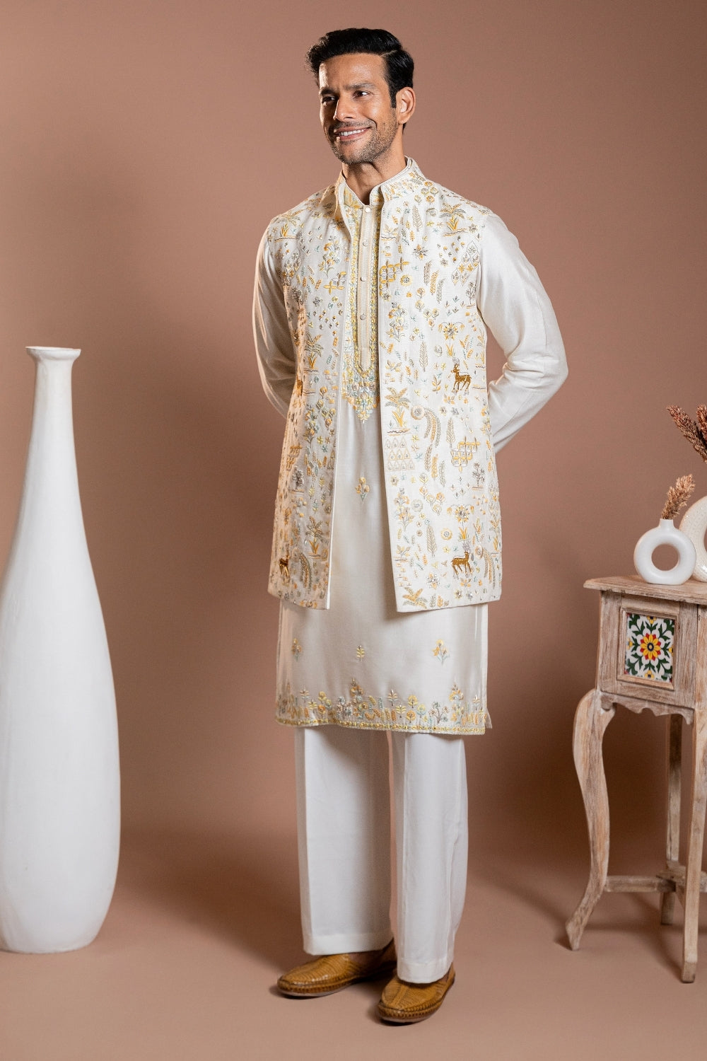 Off White Silk Koti Set with Mirror and Zardosi Work