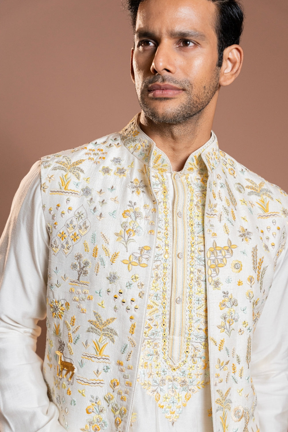 Off White Silk Koti Set with Mirror and Zardosi Work