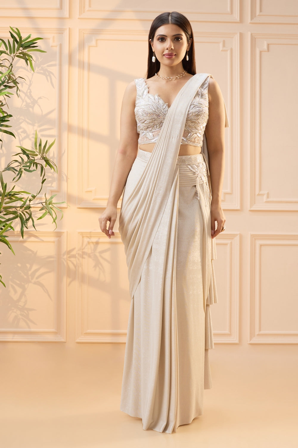 Off White Simmar Drape Saree with Moti and Cutdana Work