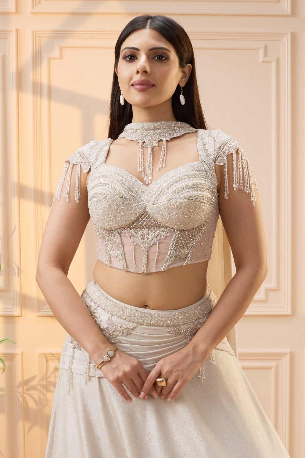 Off White Simmar Lehenga Set with Cutdana and Moti Work