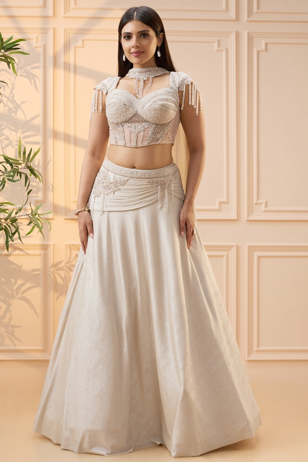 Off White Simmar Lehenga Set with Cutdana and Moti Work