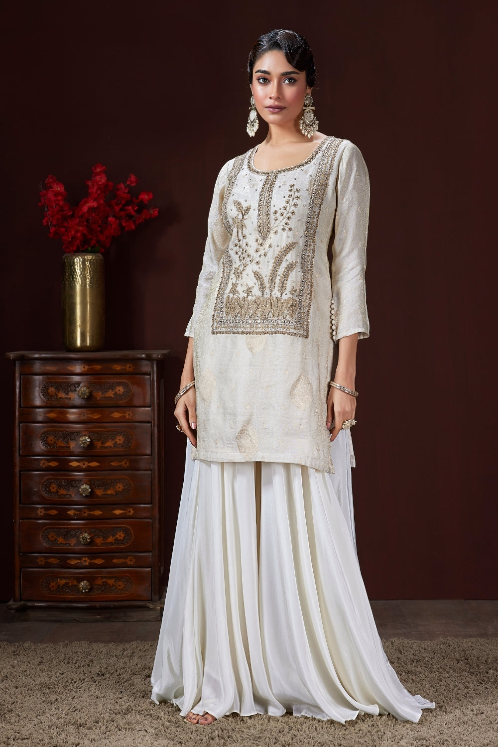 Off White Banarsi Palazzo Set with Cutdana and Moti Work