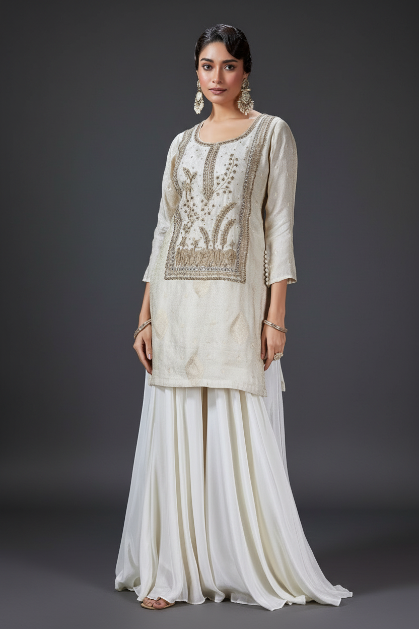 Off White Banarsi Palazzo Set with Cutdana and Moti Work