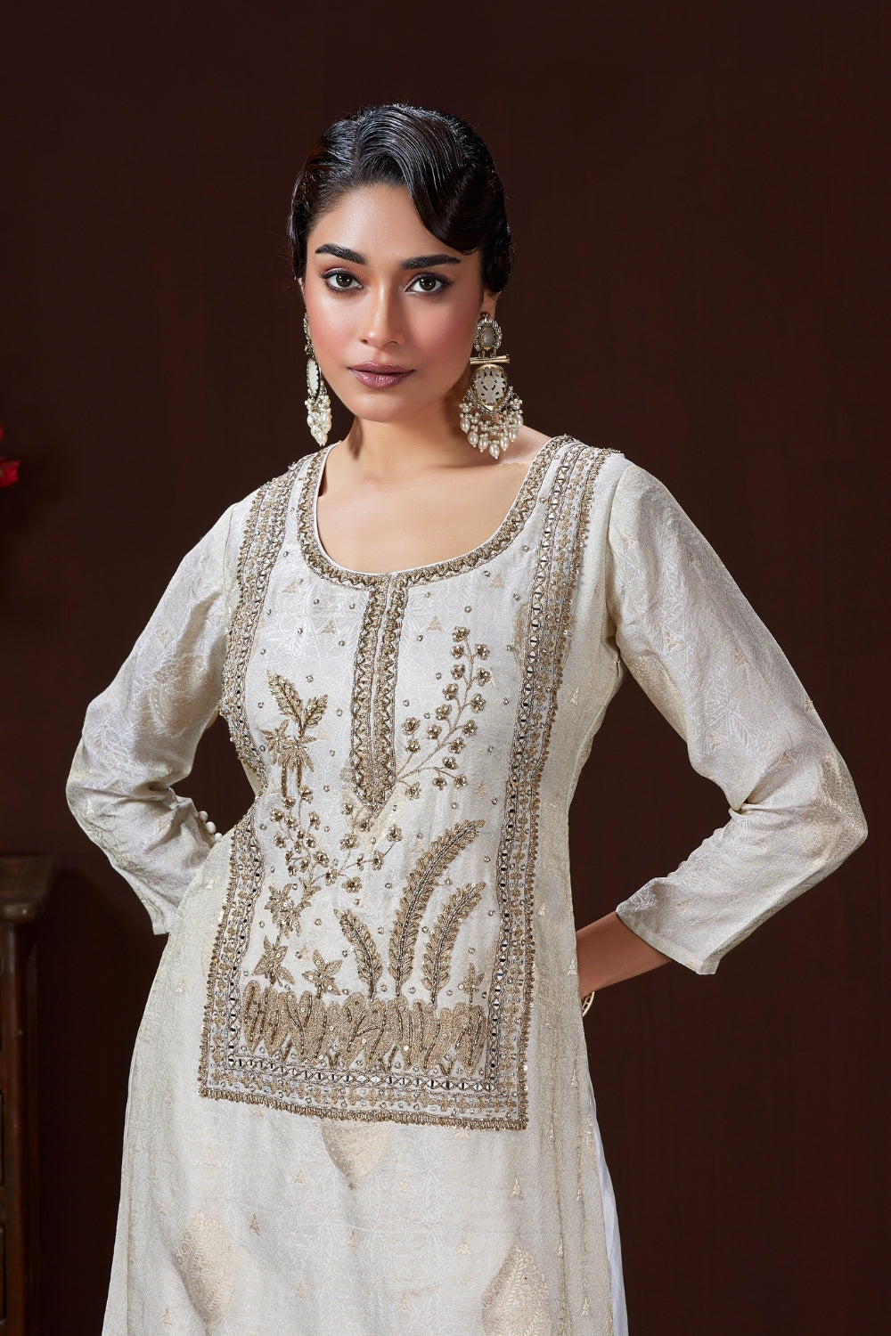 Off White Banarsi Palazzo Set with Cutdana and Moti Work