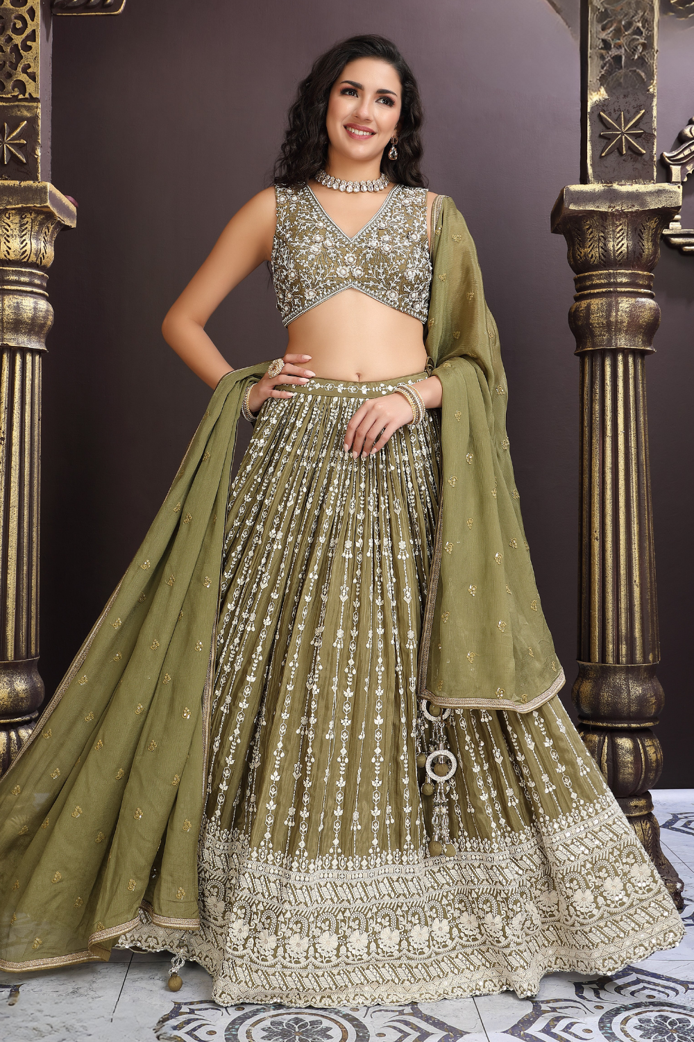 Olive Green Chinon Silk Lehenga Choli with Mirror and Sequins Work