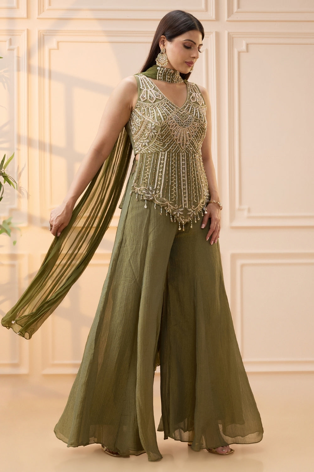 Olive Green Crush Tissue Palazzo Set with Moti and Cutdana Work