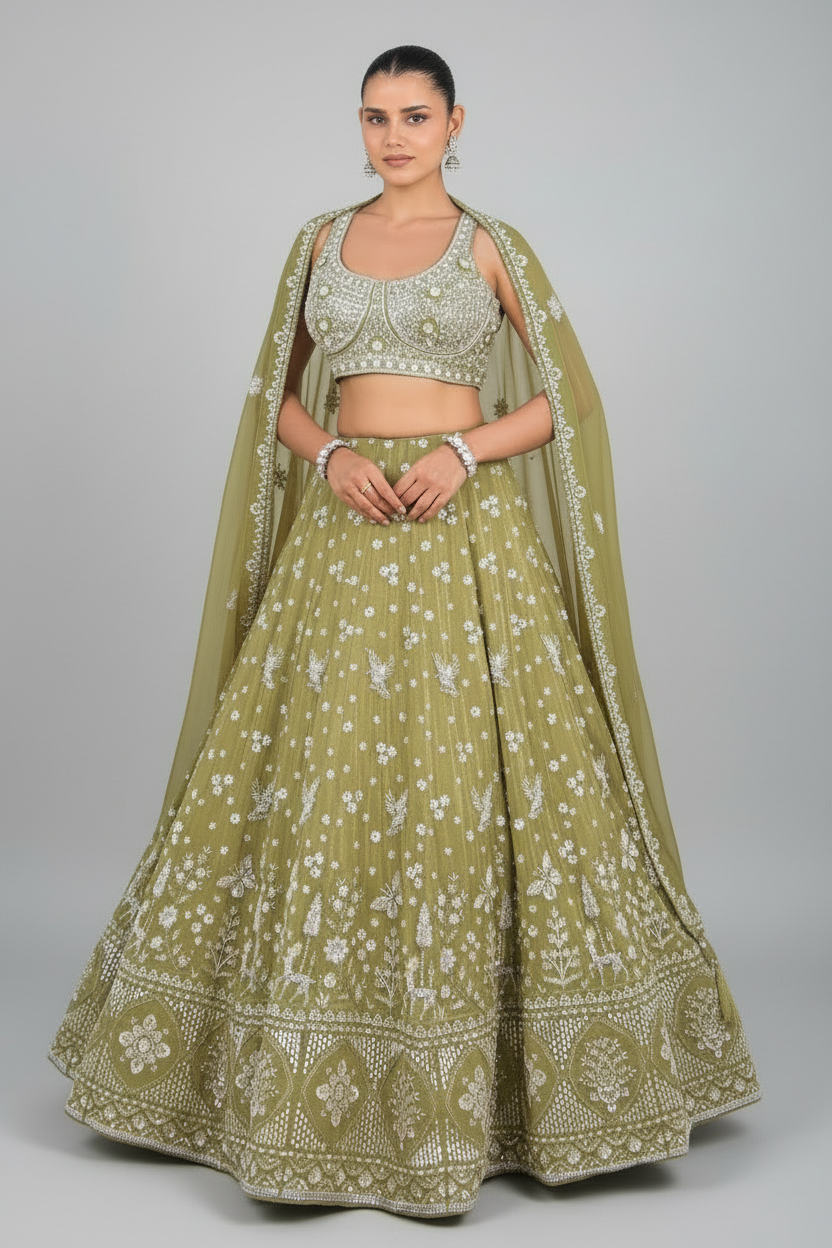 Olive Green Silk Tissue Lehenga Set with Moti and Zardosi Work