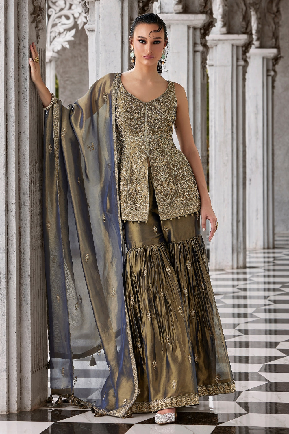 Olive Green Tissue Palazzo Set with Cutdana and Sequins Work