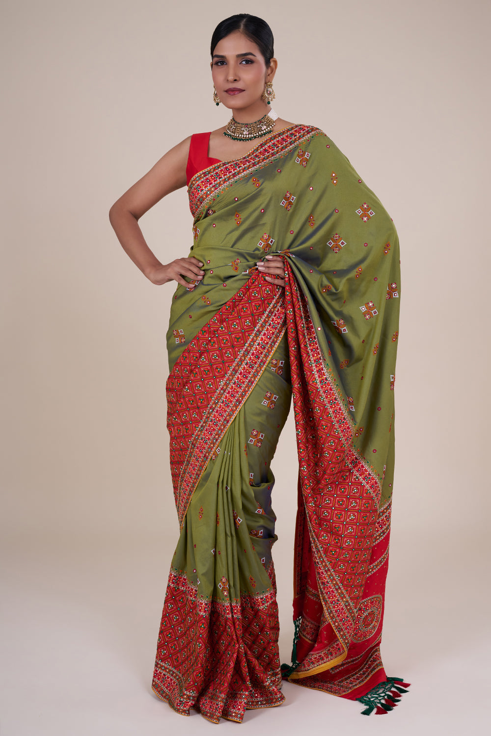 Olive embroidered soft silk festive saree