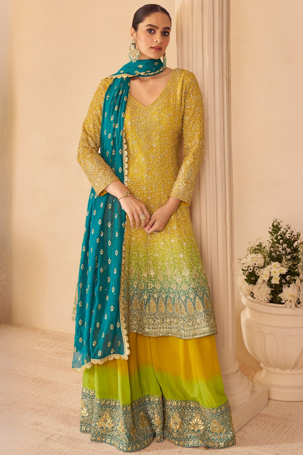 Ombre Georgette Palazzo Set with Embroidery and Sequins Work