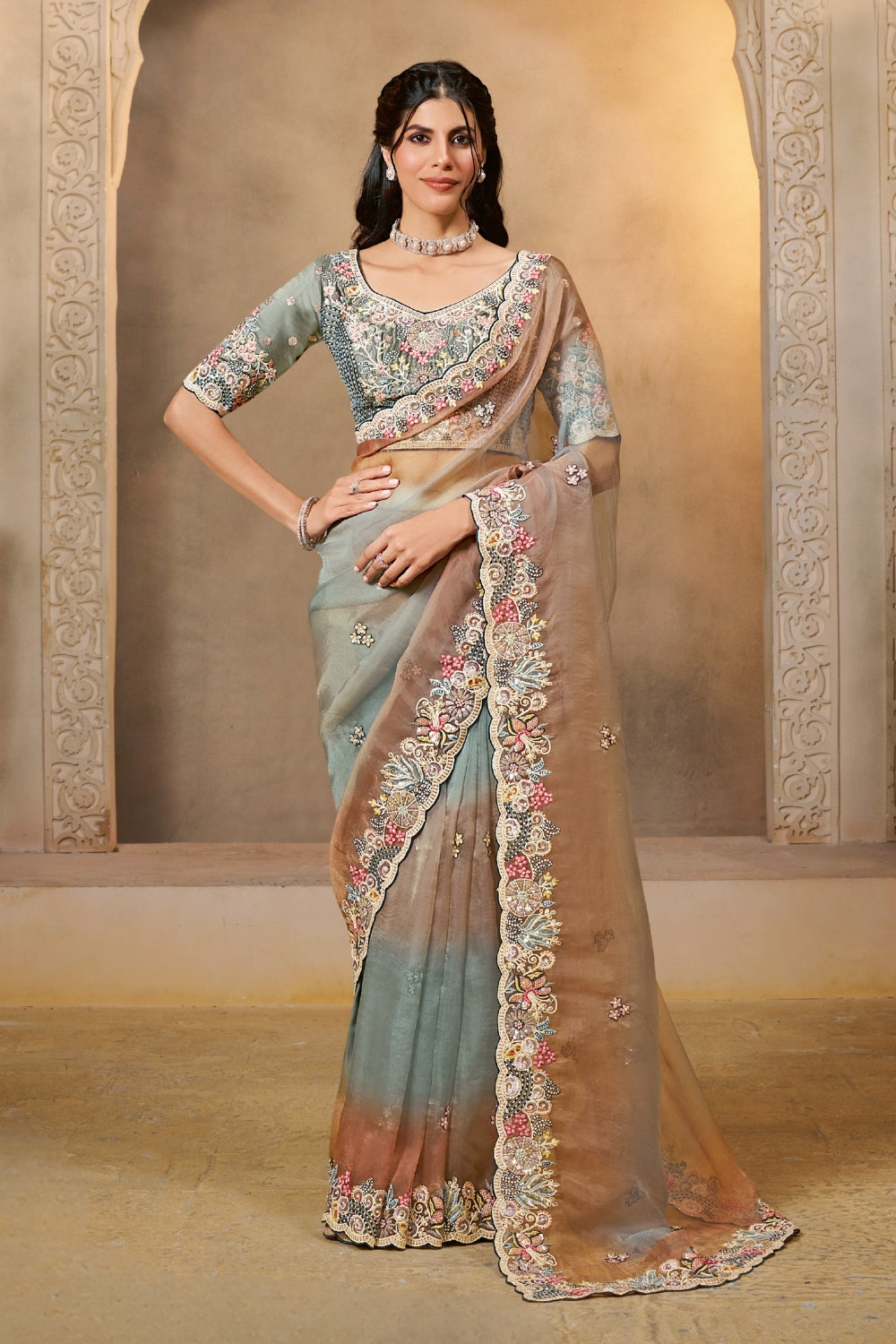 Ombre Organza Silk Saree with Sequins and Moti Work