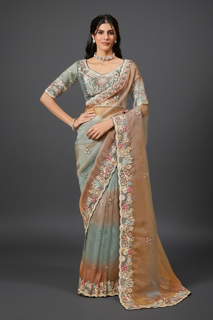 Ombre Organza Silk Saree with Sequins and Moti Work
