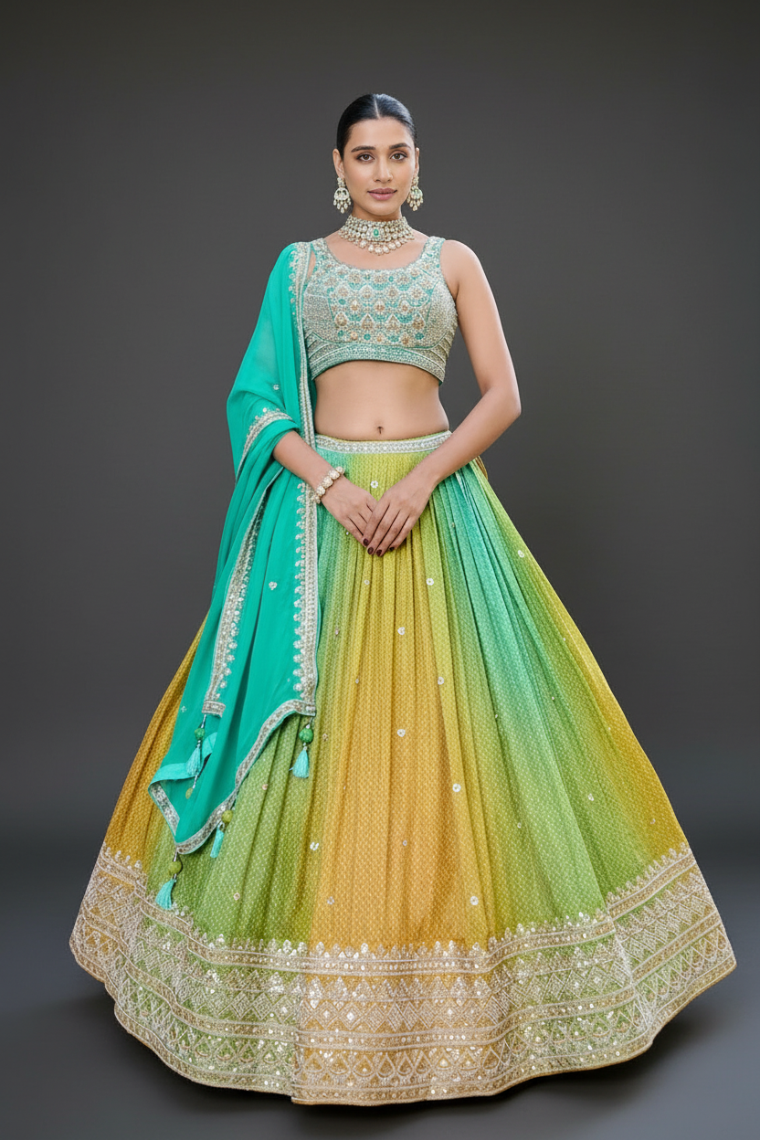 Ombre Silk Lehenga Set with Zardosi and Sequins Work