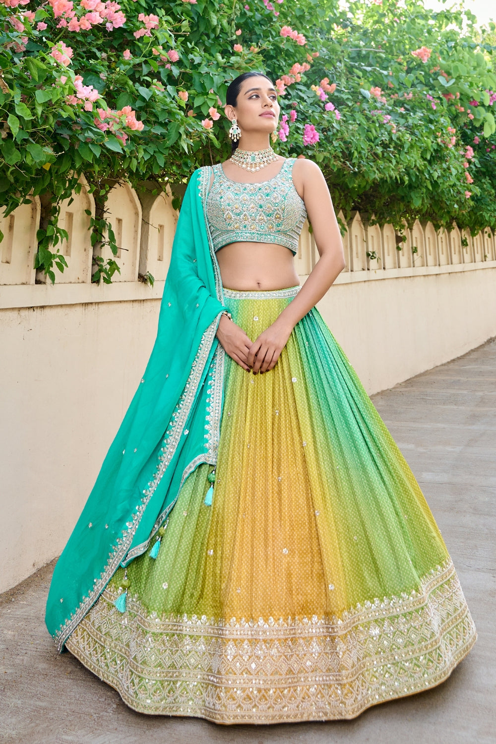 Ombre Silk Lehenga Set with Zardosi and Sequins Work