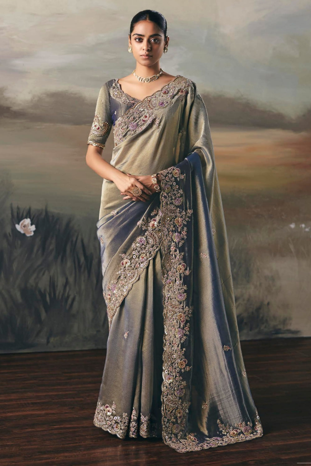 Ombre Tissue Saree with Mirror and Thread Work