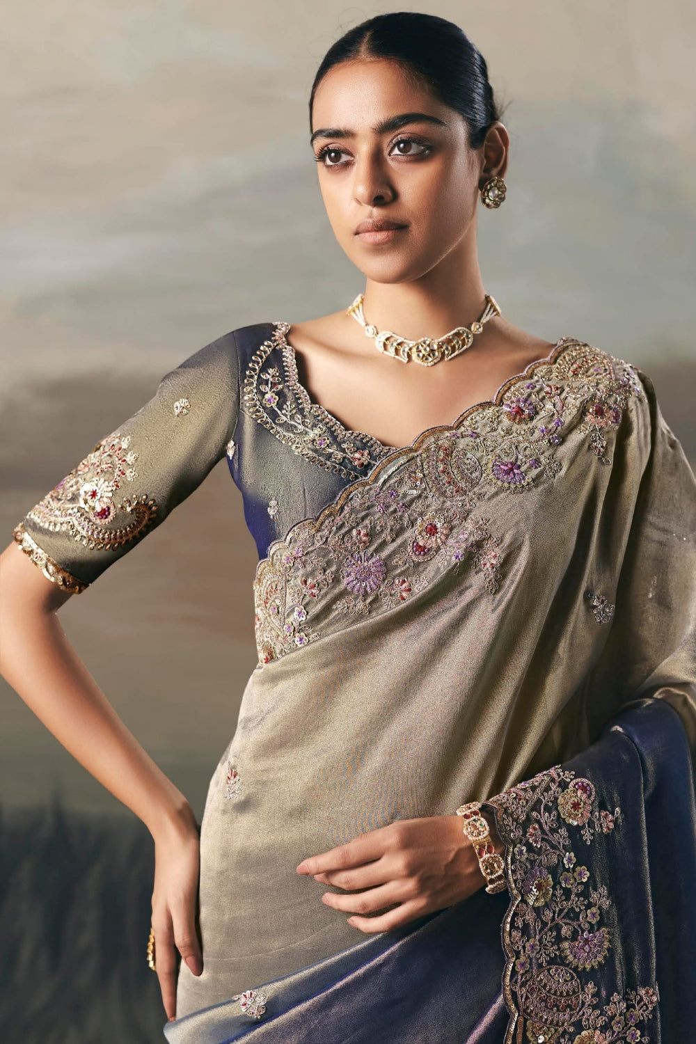 Ombre Tissue Saree with Mirror and Thread Work