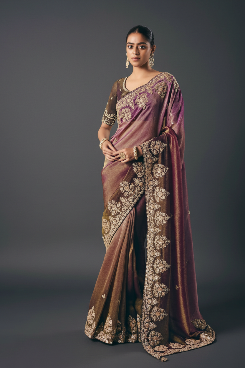 Ombre Tissue Saree with Thread and Mirror Work