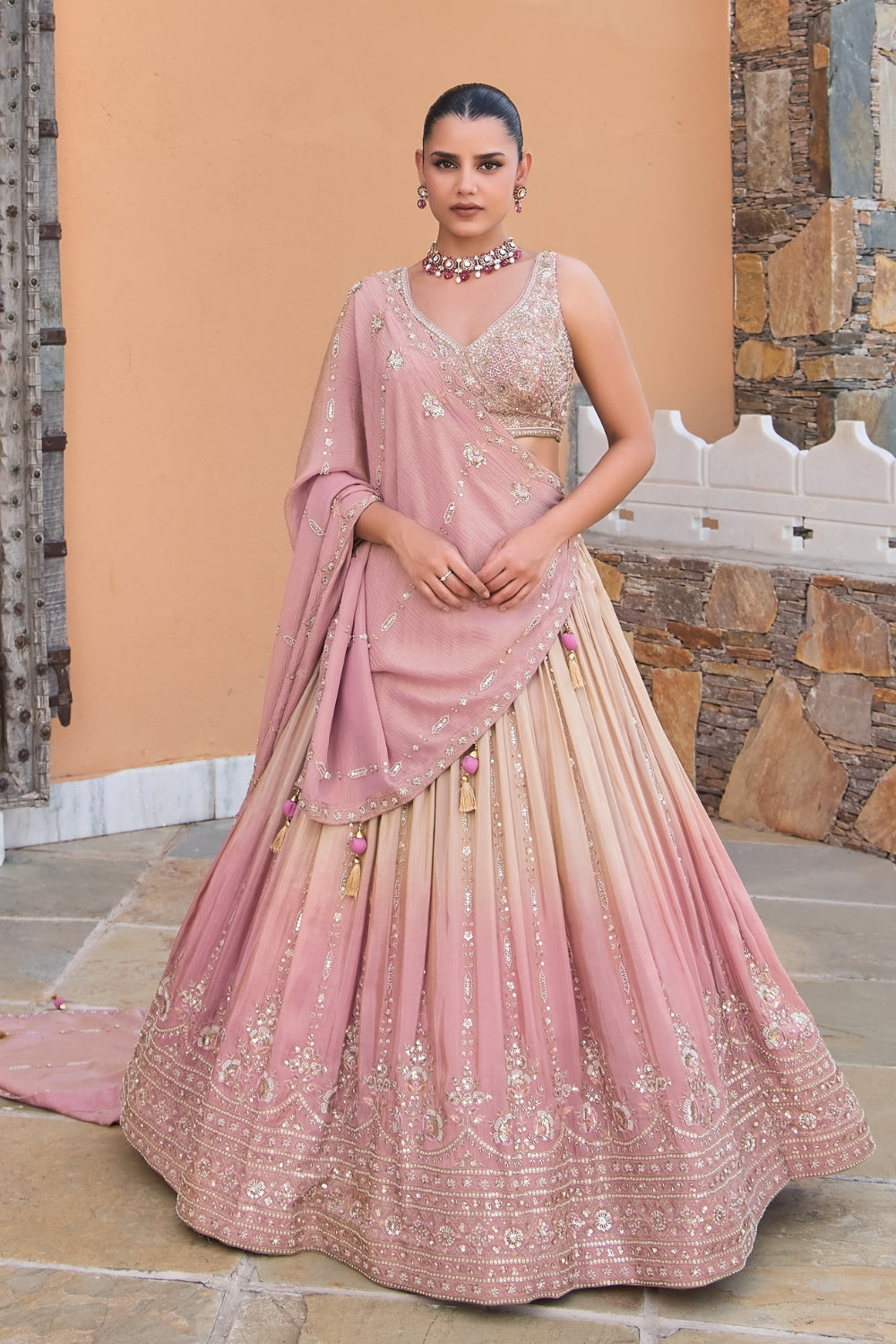 Ombre Tissue lehenga Set with Cutdana and Moti Work