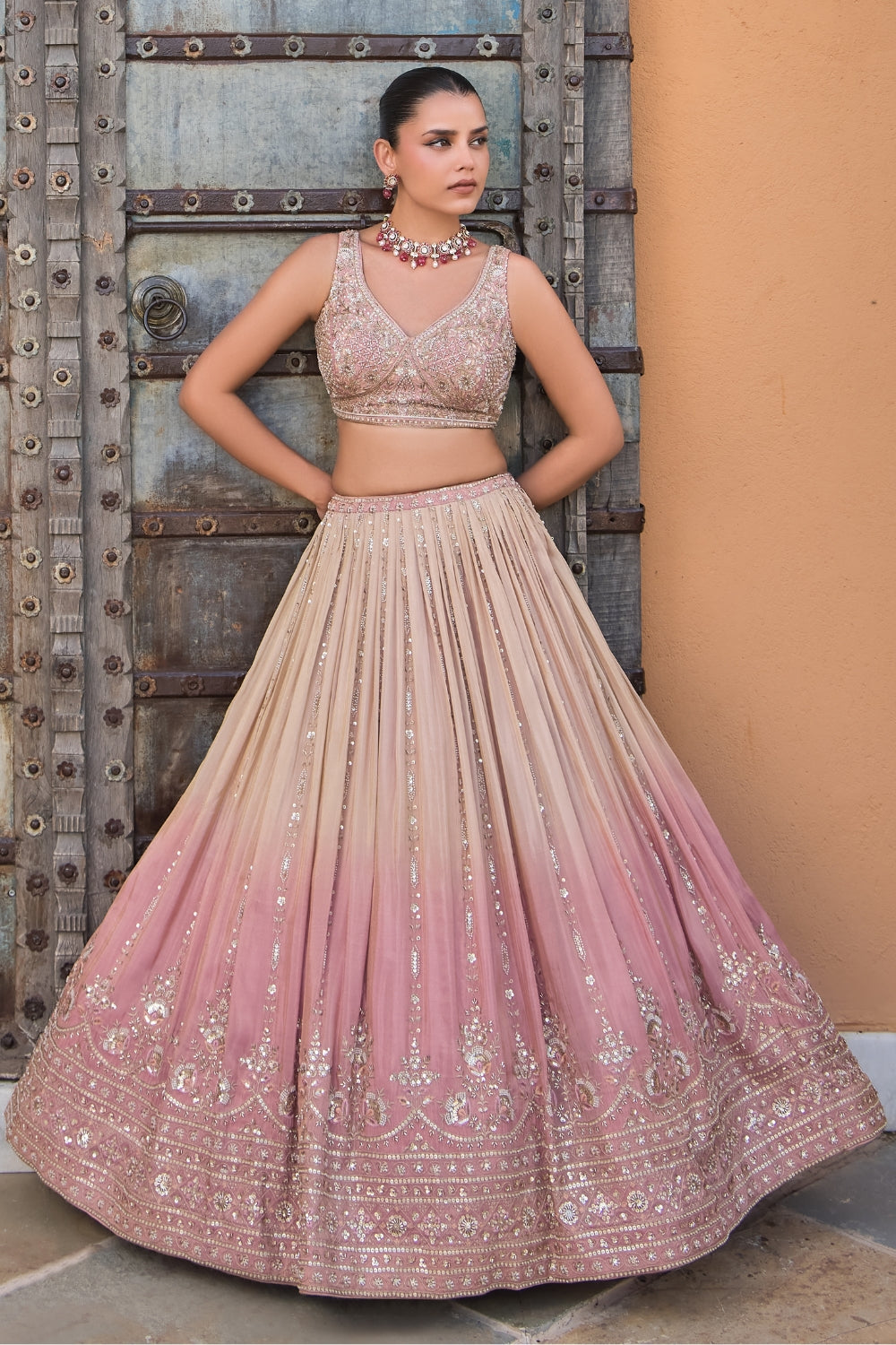 Ombre Tissue lehenga Set with Cutdana and Moti Work