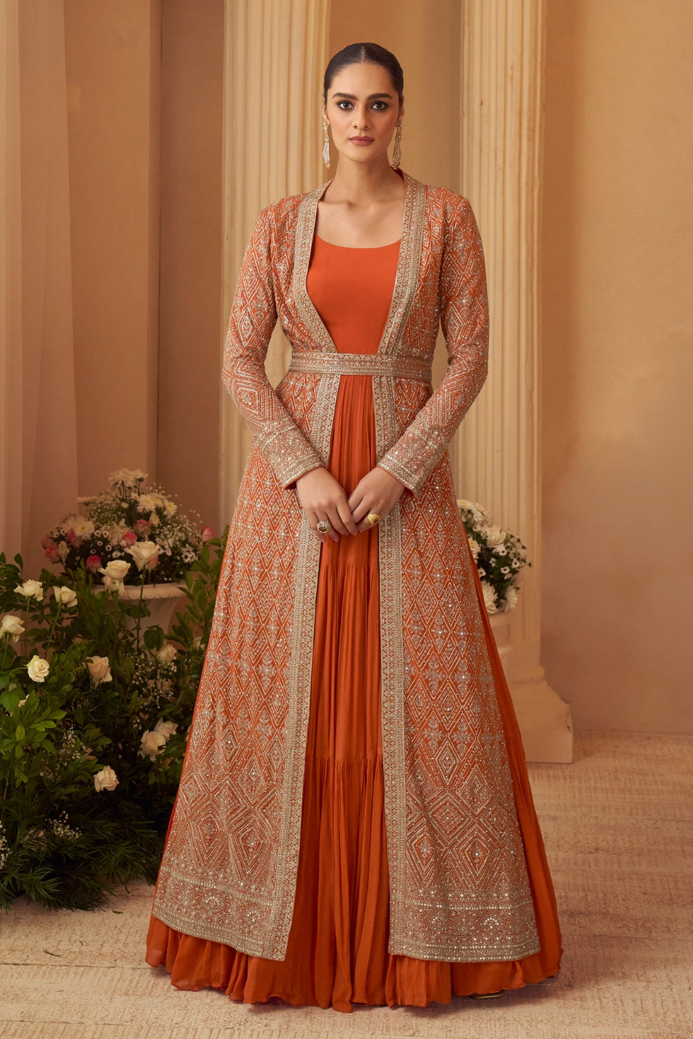 Orange Chinon Anarkali Set with Resham Embroidery and Sequins Work
