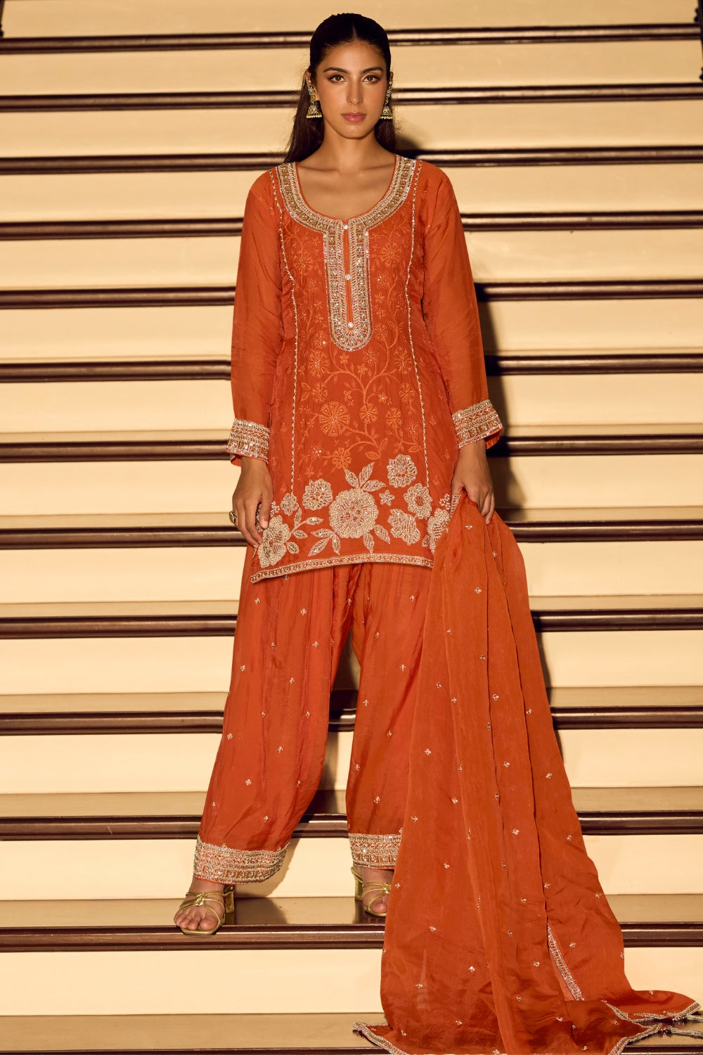Orange Chinon Salwar Suit with Cutdana and Moti Work
