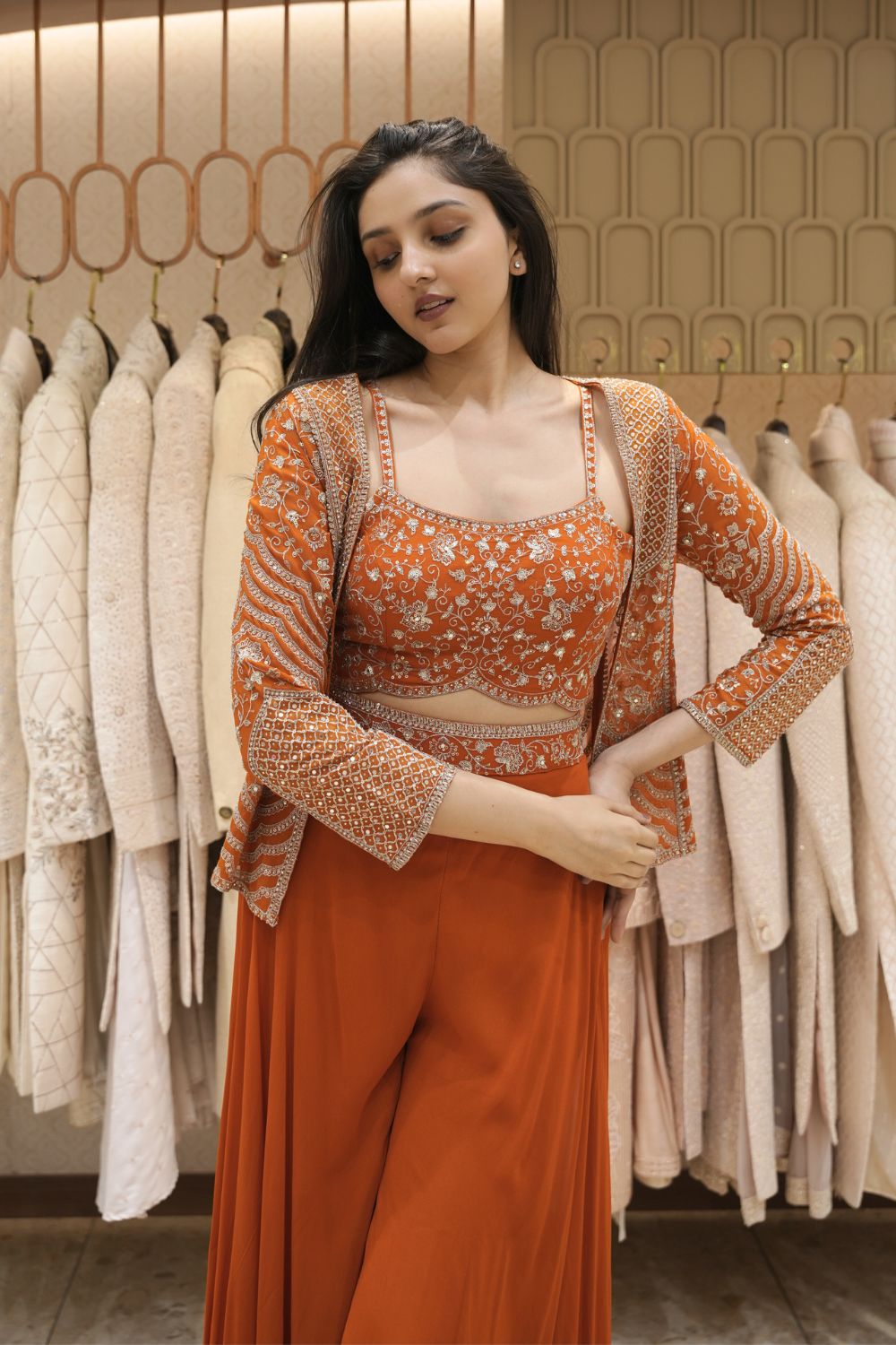 Orange Georgette Indo Western with Aari and Mirror Work