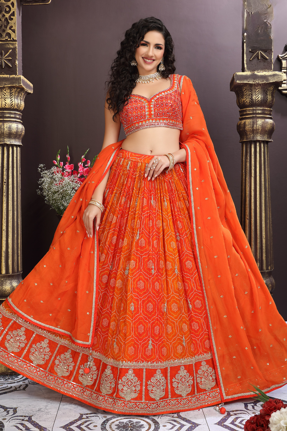 Orange Georgette Lehenga Choli with Sequins Embroidery