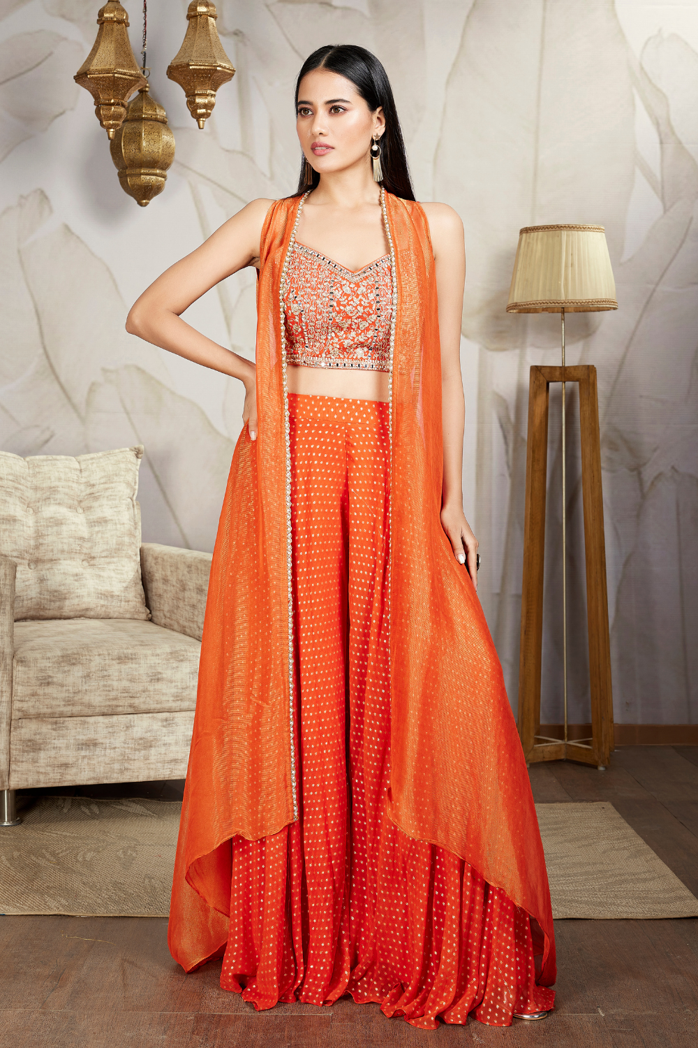 Orange Georgette Mirror Work Crop Top Palazzo With Jacket
