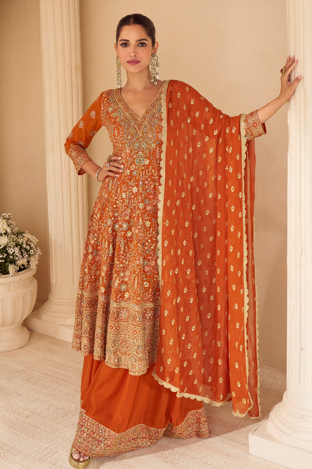 Orange Georgette Palazzo Set with Embroidery and Sequins Work