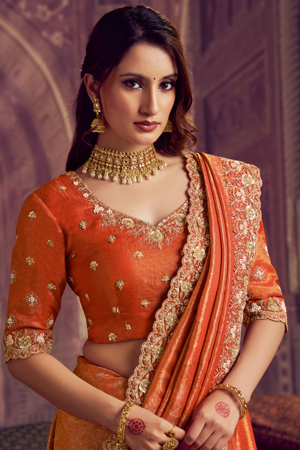 Orange Kanjiwaram Silk Saree with Cutdana and Moti Work