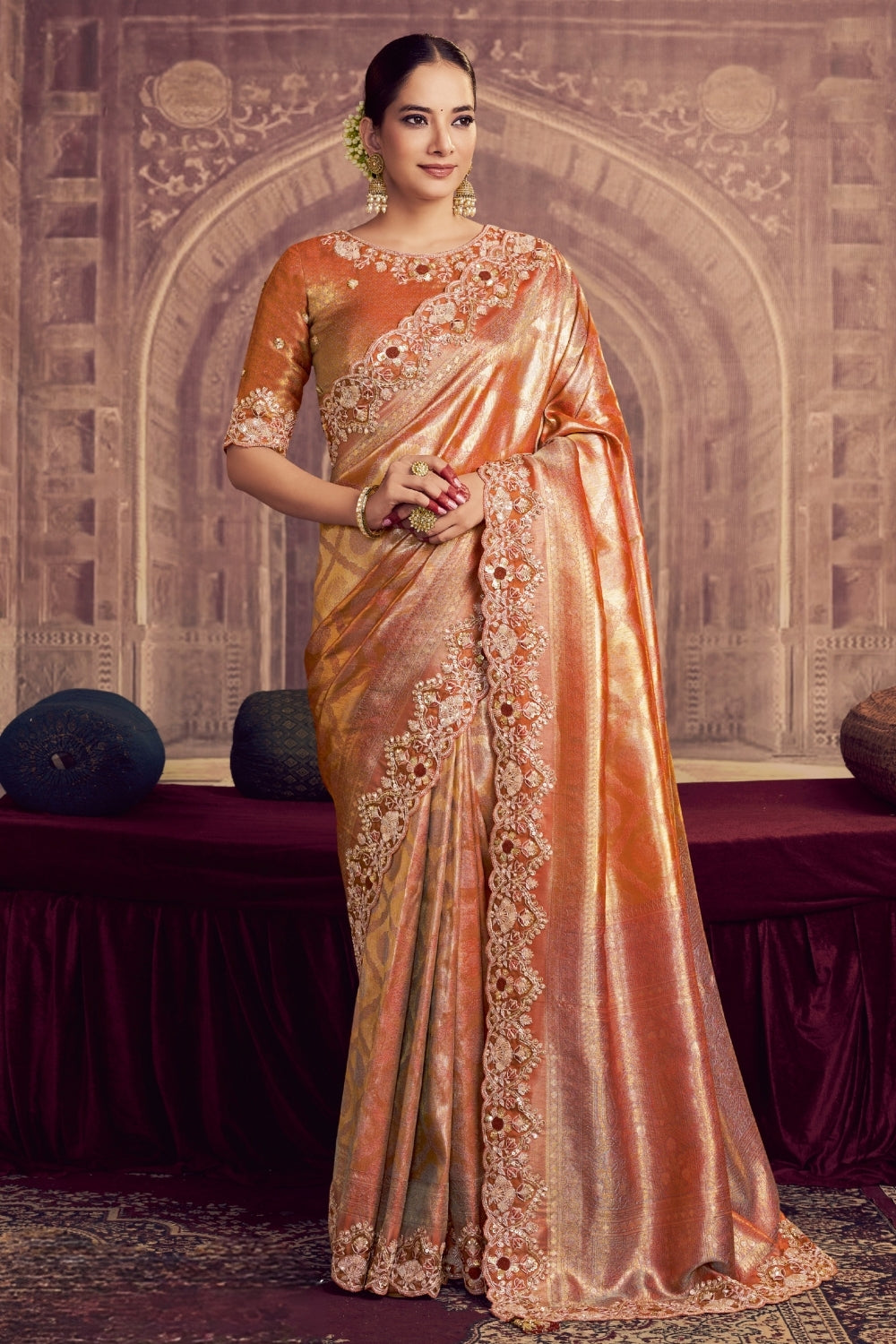 Orange Kanjiwaram Silk Saree with Cutdana and Moti Work