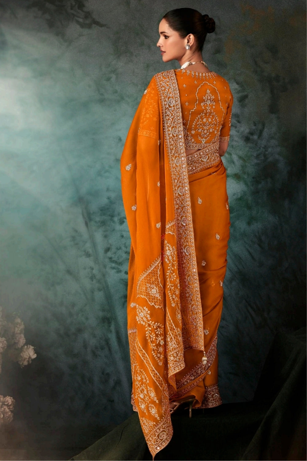 Orange Organza Tissue Saree with Embroidery and Sequins Work