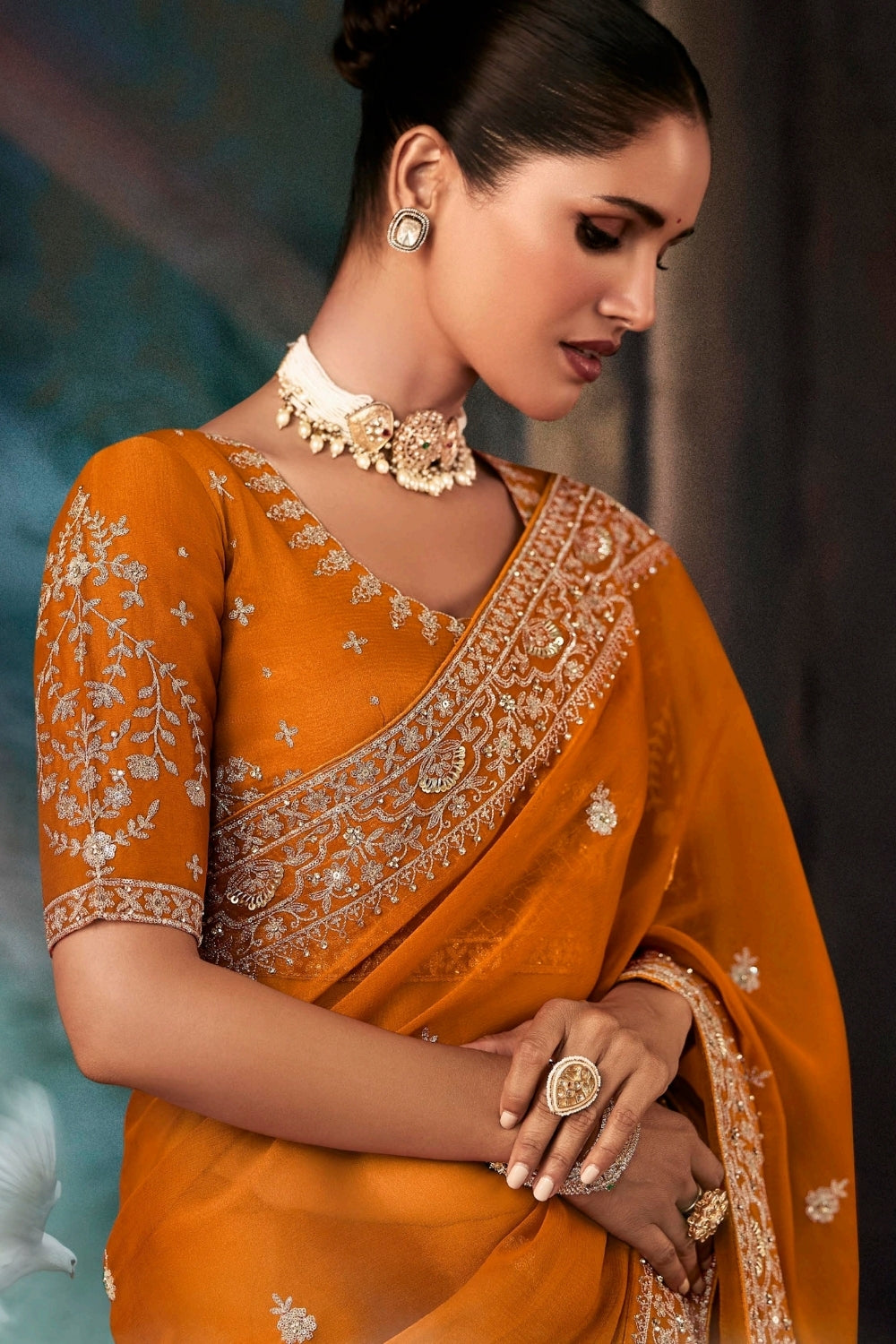 Orange Organza Tissue Saree with Embroidery and Sequins Work