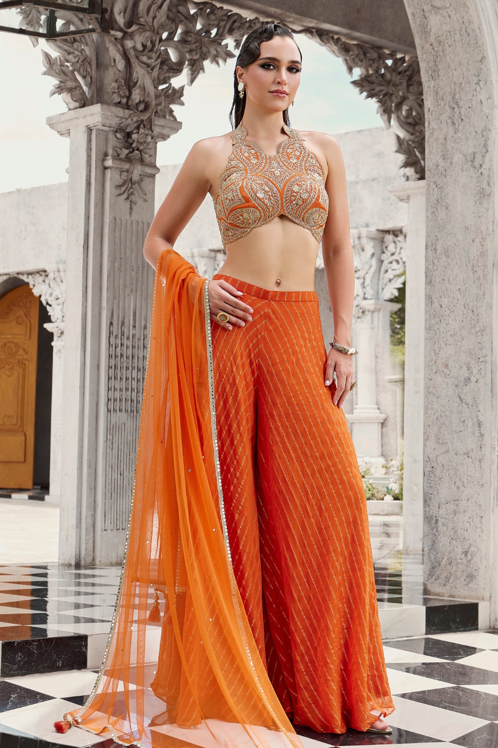 Orange Silk Palazzo Set with Cutdana and Sequins Work