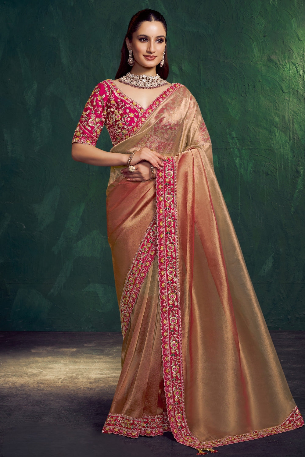 Orange Tissue Saree with Cutdana and Moti Work