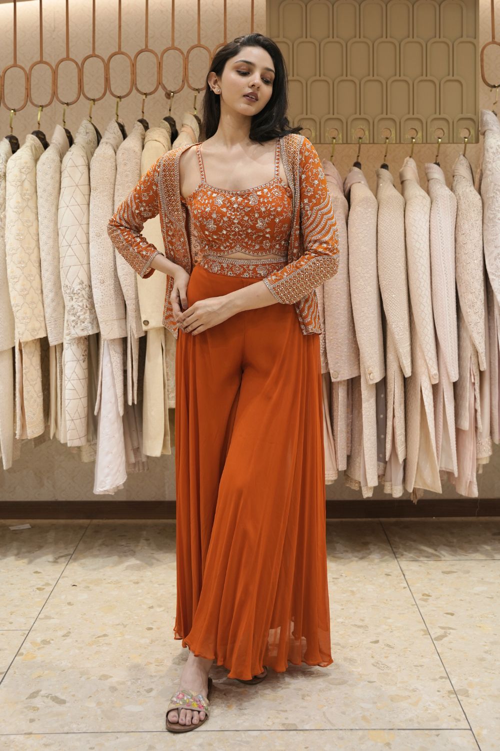 Orange Georgette Indo Western with Aari and Mirror Work