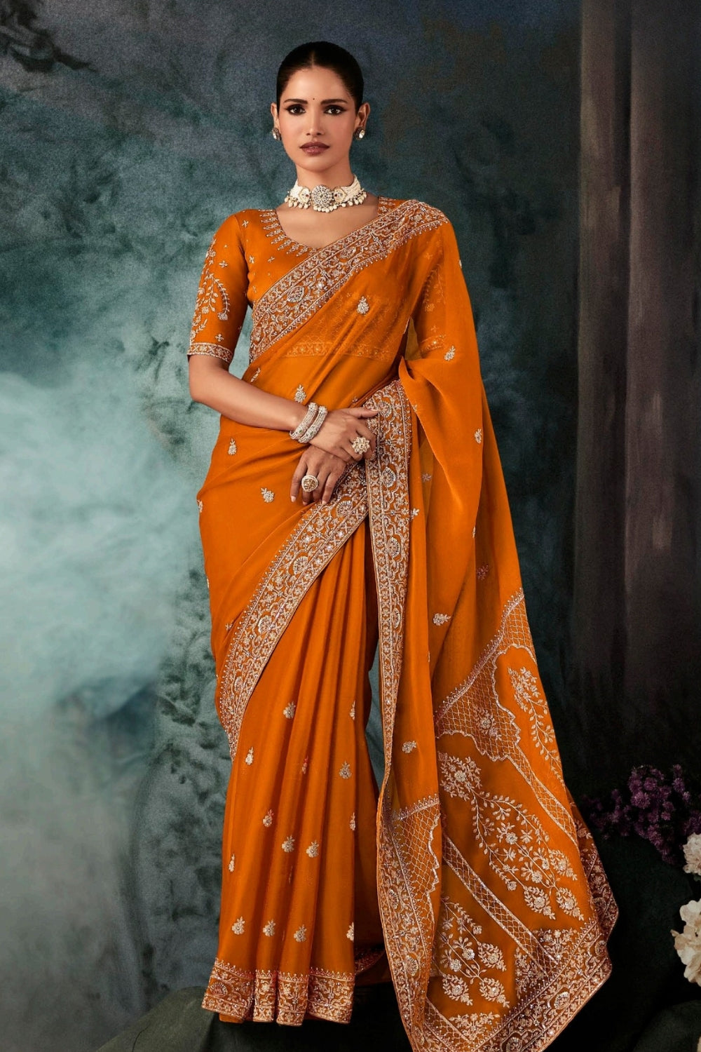 Orange Organza Tissue Saree with Embroidery and Sequins Work