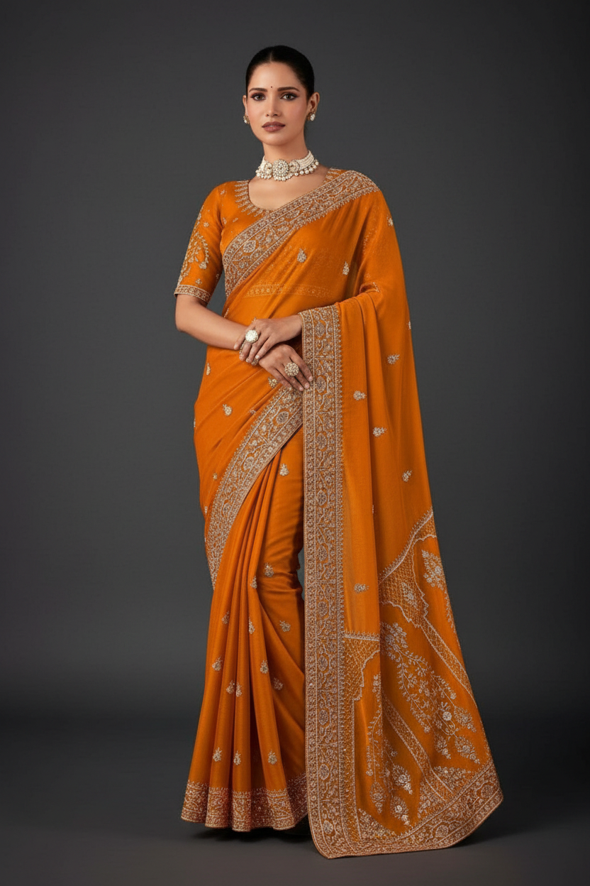 Orange Organza Tissue Saree with Embroidery and Sequins Work